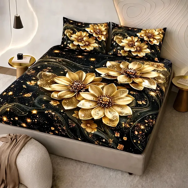 Black_Cotton_Polyester_Floral_Golden_Print_Queen_Size_Fitted_Bedsheet