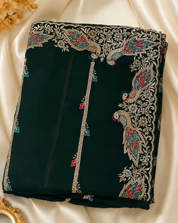 Dark_Green_Embroidered_Saree_for_Women