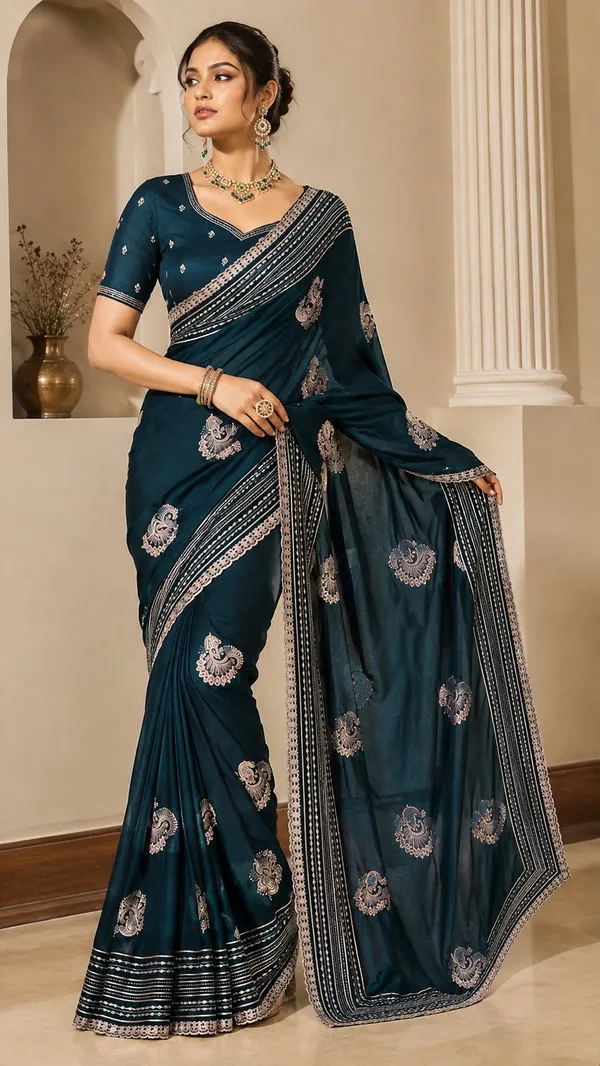 Teal_Embellished_Ethnic_Saree_For_Women