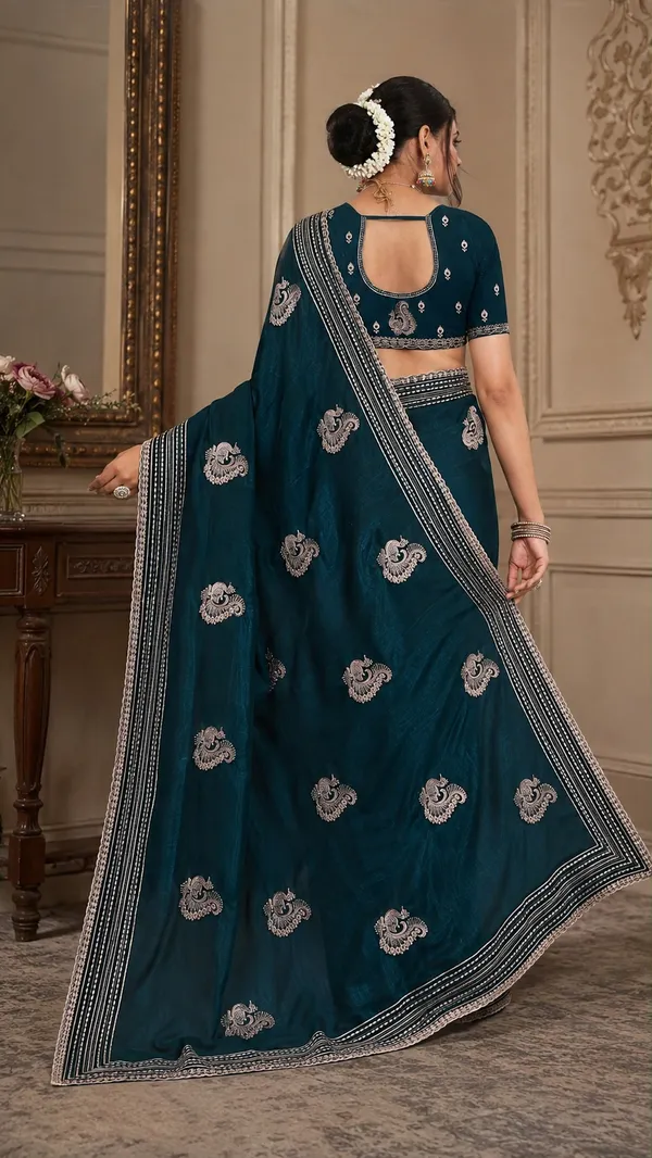 Teal_Embellished_Ethnic_Saree_For_Women