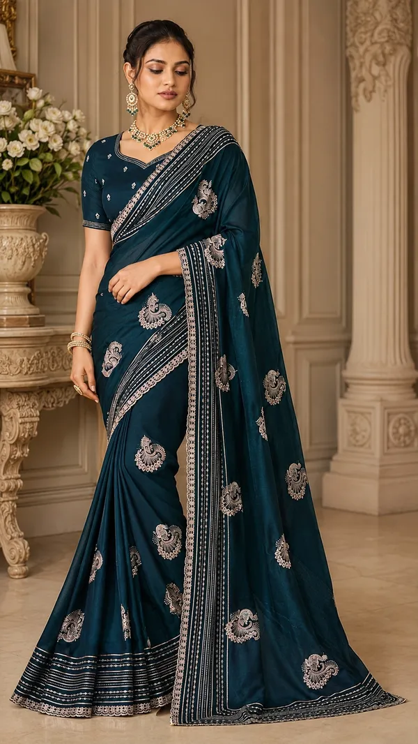 Teal_Embellished_Ethnic_Saree_For_Women