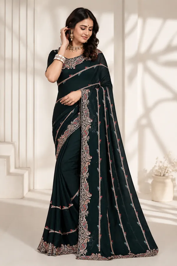 Dark_Green_Embroidered_Saree_for_Women