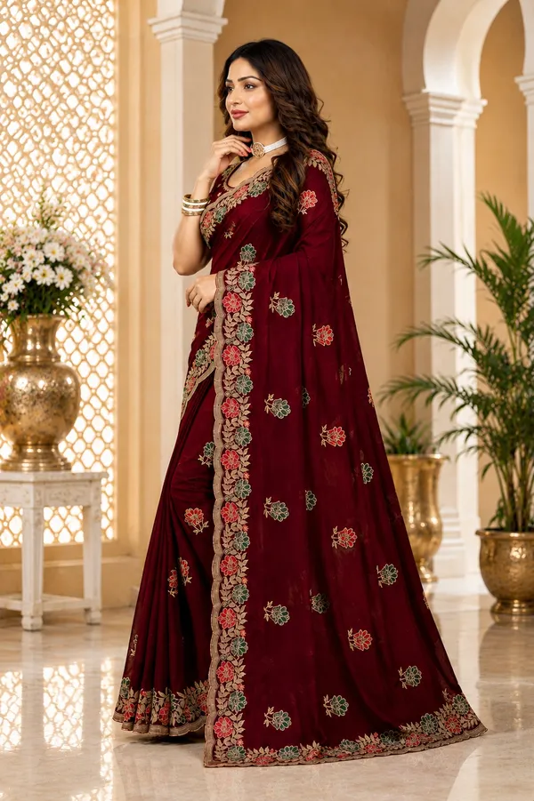 Maroon_Embroidered_Saree_For_Women