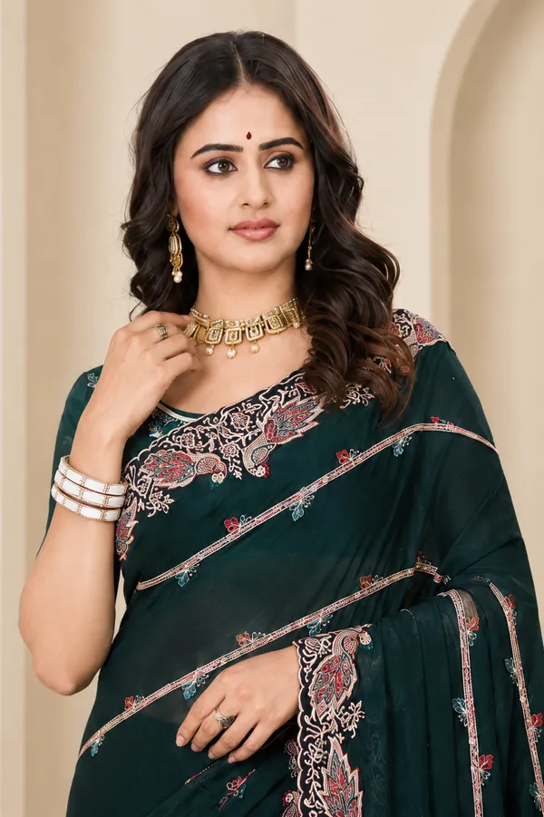 Dark_Green_Embroidered_Saree_for_Women