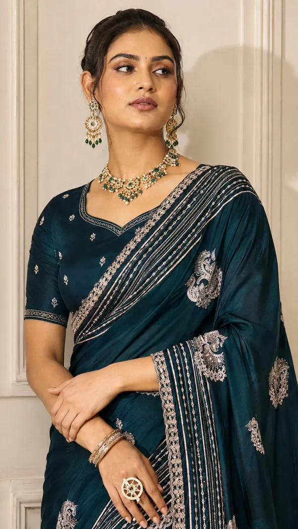 Teal_Embellished_Ethnic_Saree_For_Women