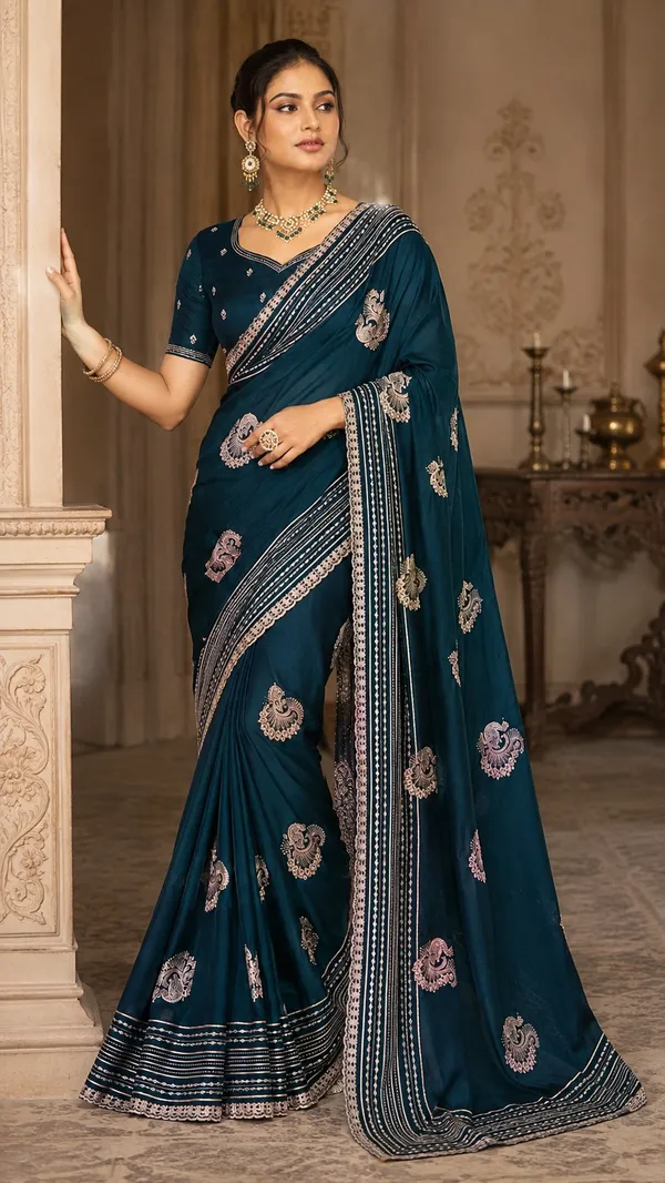 Teal_Embellished_Ethnic_Saree_For_Women