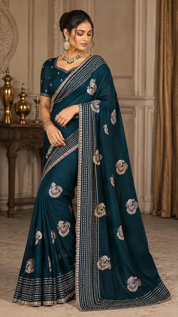 Teal_Embellished_Ethnic_Saree_For_Women
