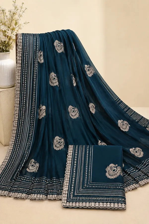 Teal_Embellished_Ethnic_Saree_For_Women
