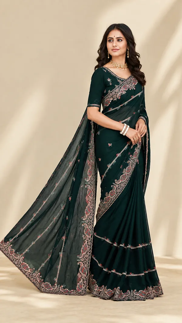 Dark_Green_Embroidered_Saree_for_Women