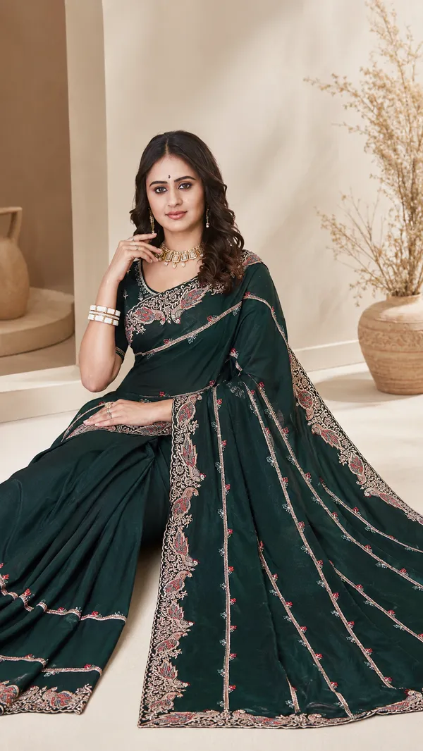 Dark_Green_Embroidered_Saree_for_Women