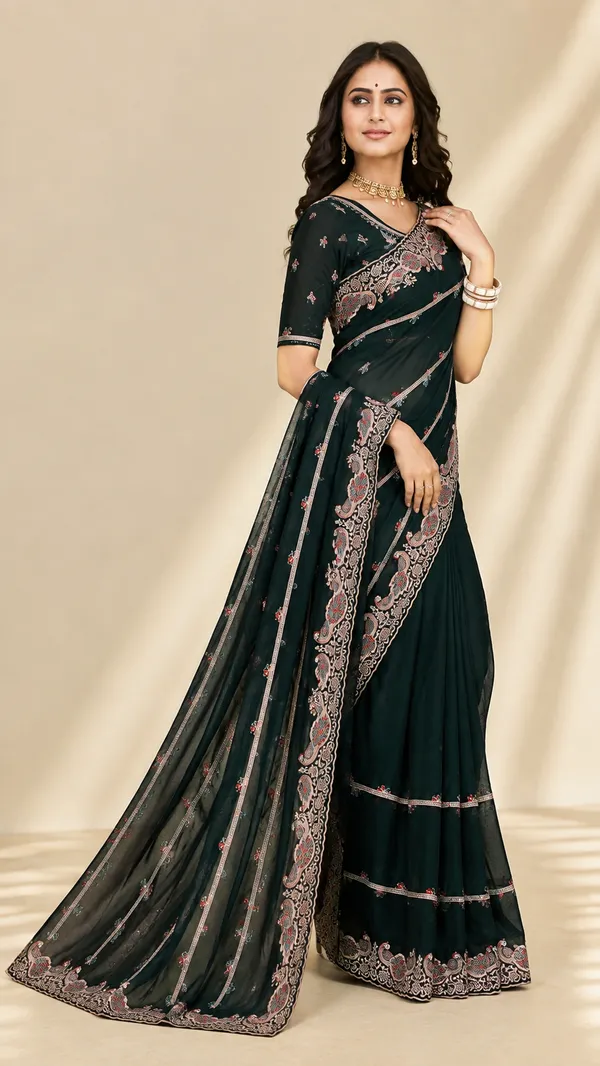 Dark_Green_Embroidered_Saree_for_Women