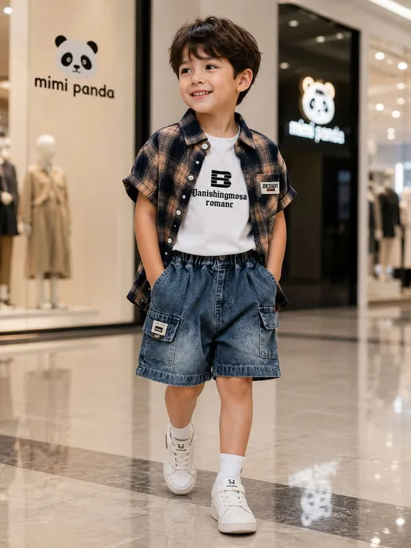 Blue_White_Cotton_Plaid_Cargo_Co_Ord_Set_For_Boys