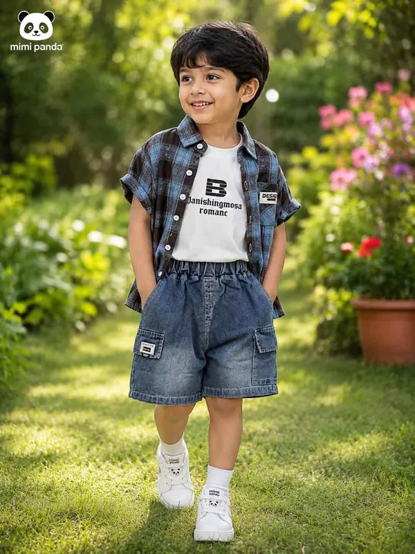 Blue_White_Cotton_Plaid_Cargo_Co_Ord_Set_For_Boys