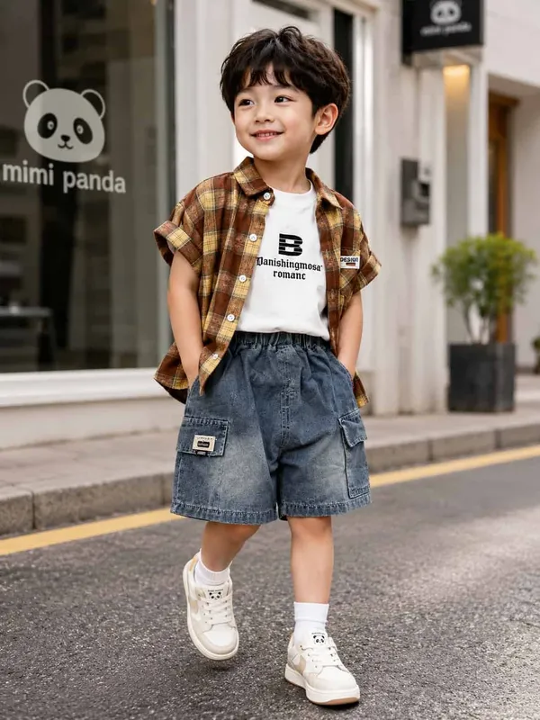 Blue_White_Cotton_Plaid_Cargo_Co_Ord_Set_For_Boys