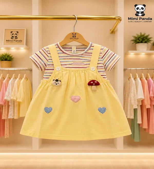 Yellow_Cotton_Blend_Striped_Tee_Suspender_Pinafore_Dress_Set_For_Girls
