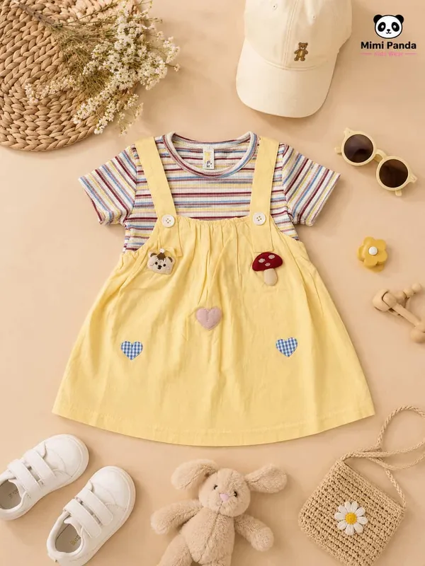 Yellow_Cotton_Blend_Striped_Tee_Suspender_Pinafore_Dress_Set_For_Girls