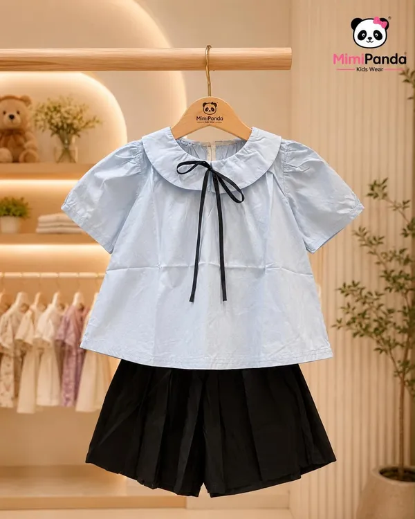 Blue_Cotton_Blend_Flutter_Sleeve_Pleated_Skirt_Co_Ord_Set_For_Girls