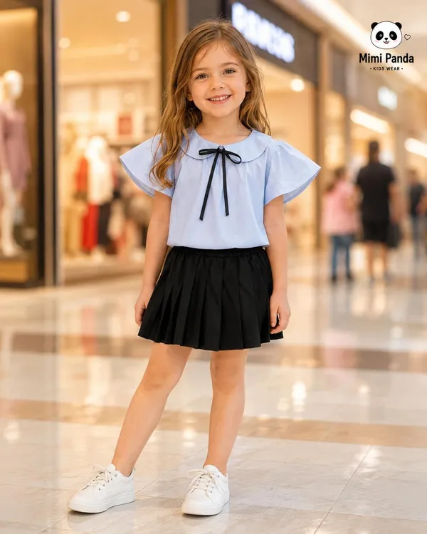 Blue_Cotton_Blend_Flutter_Sleeve_Pleated_Skirt_Co_Ord_Set_For_Girls