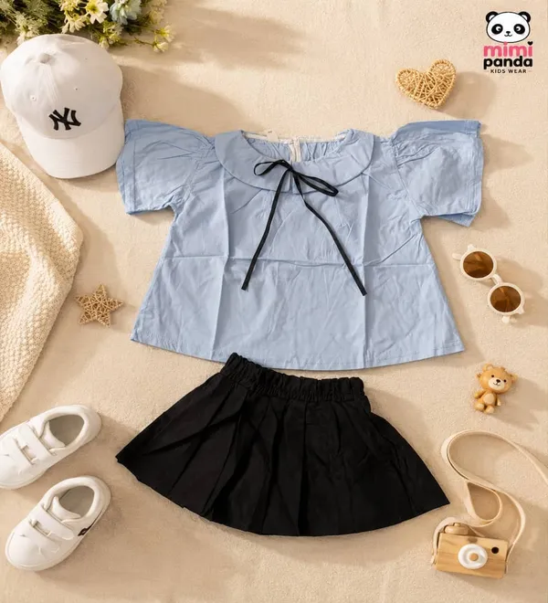 Blue_Cotton_Blend_Flutter_Sleeve_Pleated_Skirt_Co_Ord_Set_For_Girls
