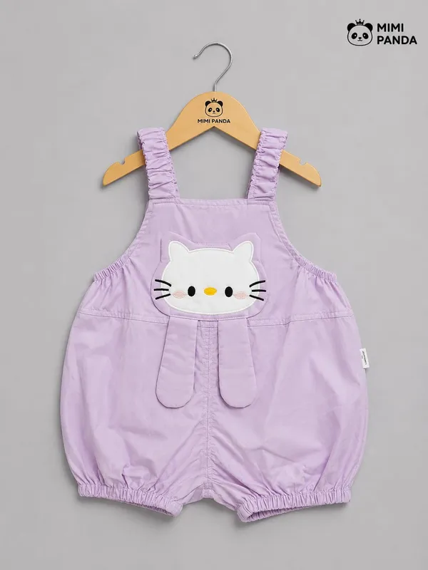Lavender_Cotton_Blend_Kitty_Applique_Dungaree_Romper_Set_For_Girls