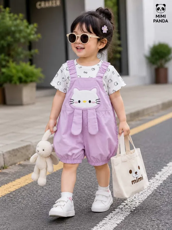 Lavender_Cotton_Blend_Kitty_Applique_Dungaree_Romper_Set_For_Girls