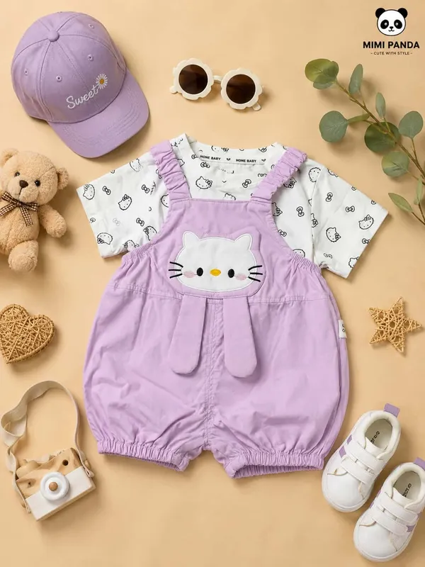 Lavender_Cotton_Blend_Kitty_Applique_Dungaree_Romper_Set_For_Girls