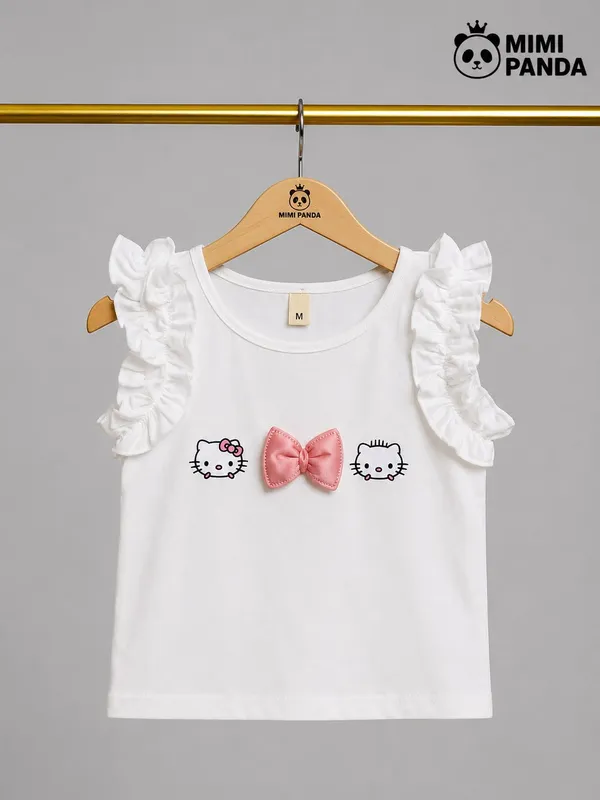 White_Cotton_Blend_Kitty_Bow_Top_Tulle_Layered_Shorts_Co_Ord_Set_For_Girls