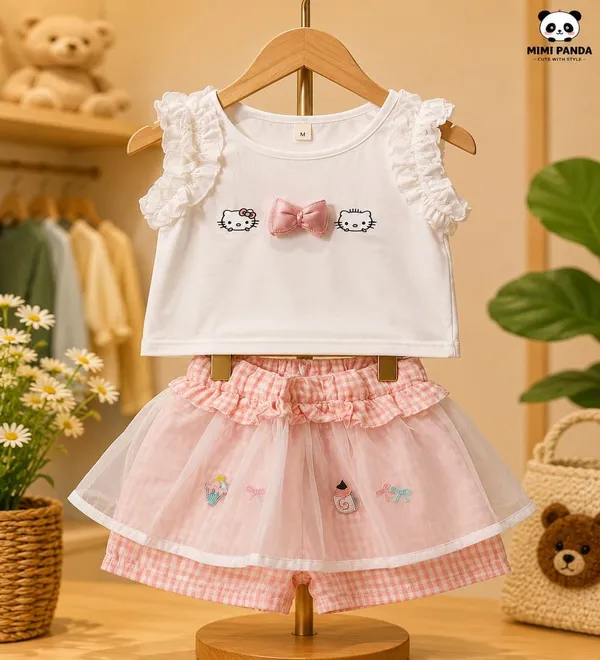 White_Cotton_Blend_Kitty_Bow_Top_Tulle_Layered_Shorts_Co_Ord_Set_For_Girls