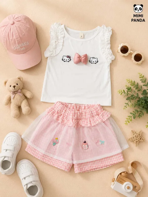 White_Cotton_Blend_Kitty_Bow_Top_Tulle_Layered_Shorts_Co_Ord_Set_For_Girls