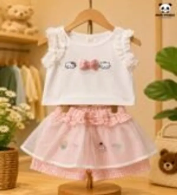 White_Cotton_Blend_Kitty_Bow_Top_Tulle_Layered_Shorts_Co_Ord_Set_For_Girls
