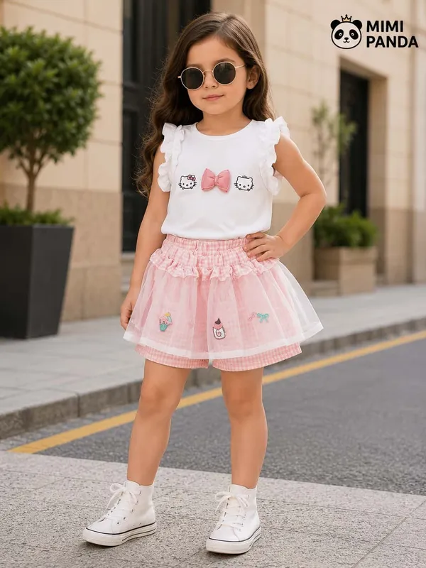 White_Cotton_Blend_Kitty_Bow_Top_Tulle_Layered_Shorts_Co_Ord_Set_For_Girls