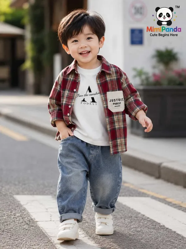 Maroon_Cotton_Polyester_Denim_Check_Co_Ord_Set_For_Boys