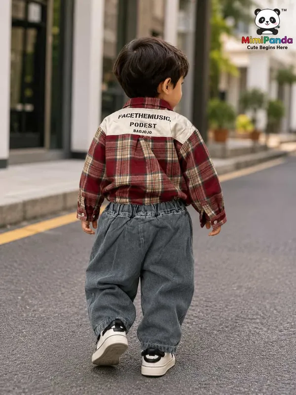 Maroon_Cotton_Polyester_Denim_Check_Co_Ord_Set_For_Boys