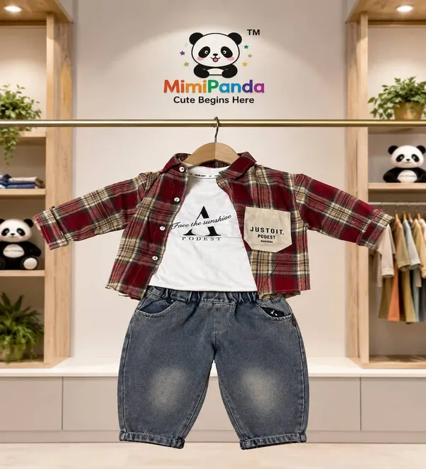 Maroon_Cotton_Polyester_Denim_Check_Co_Ord_Set_For_Boys