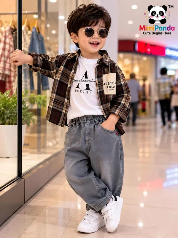 Maroon_Cotton_Polyester_Denim_Check_Co_Ord_Set_For_Boys