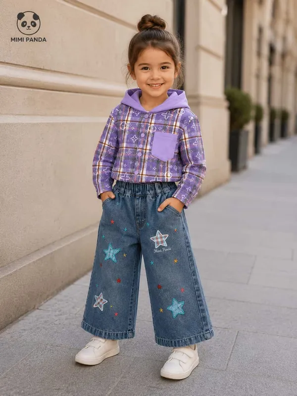 Purple_Cotton_Blend_Plaid_Hooded_Shirt_Wide_Leg_Denim_Co_Ord_Set_For_Girls