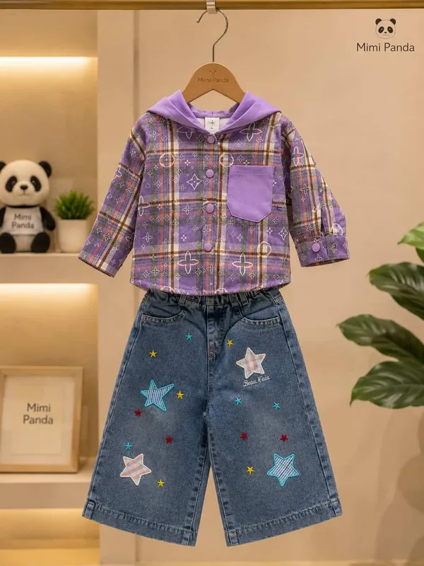 Purple_Cotton_Blend_Plaid_Hooded_Shirt_Wide_Leg_Denim_Co_Ord_Set_For_Girls