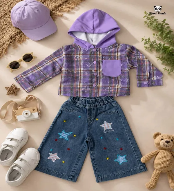 Purple_Cotton_Blend_Plaid_Hooded_Shirt_Wide_Leg_Denim_Co_Ord_Set_For_Girls