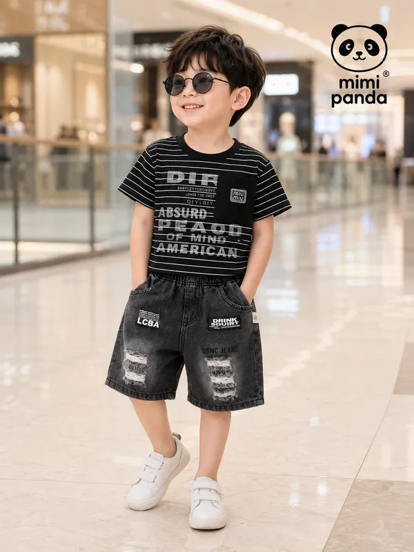 Black__Cotton_Relaxed_Stripe_Graphic_Denim_Shorts_Co_Ord_Set_For_Boys