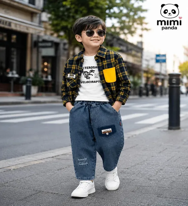 Brown_Cotton_Checked_Shirt_Denim_Jogger_3_Piece_Co_Ord_Set_For_Boys