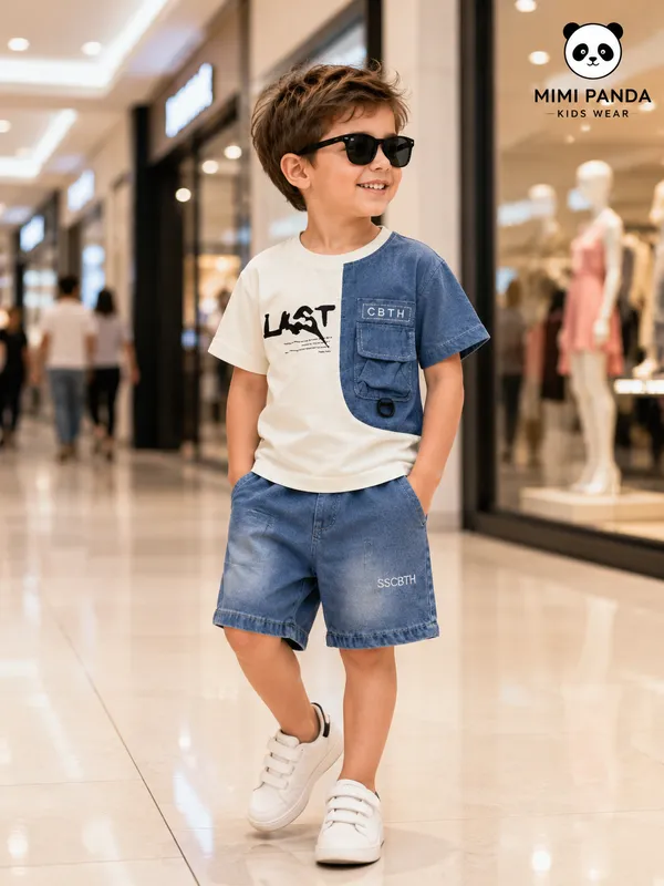Cream_Cotton_Dual_Tone_Cargo_Denim_Co_Ord_Set_For_Boys