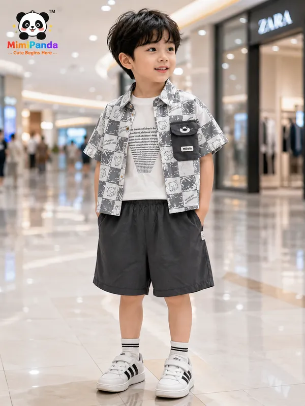 Grey_Cotton_Blend_Check_Print_3_Piece_Summer_Co_Ord_Set_For_Boys