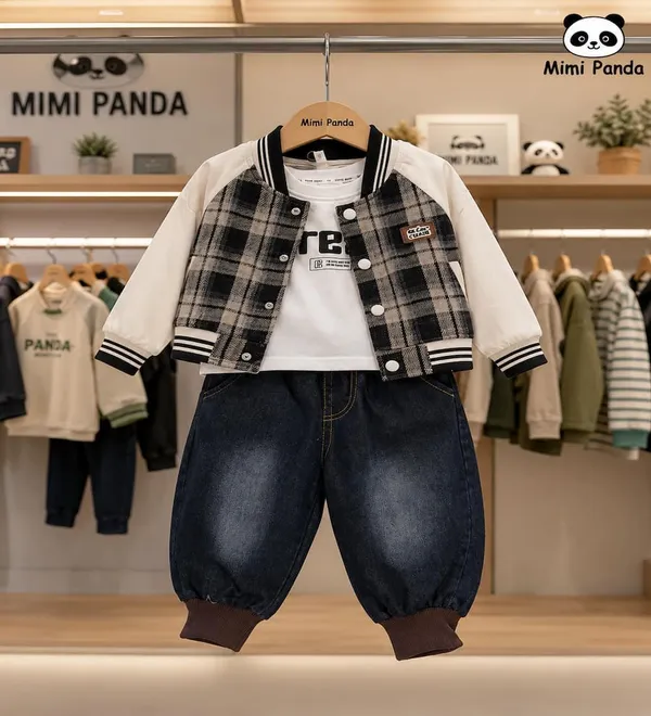 Black_Beige_Cotton_Relaxed_Check_Winter_3_Piece_Co_Ord_Set_For_Boys