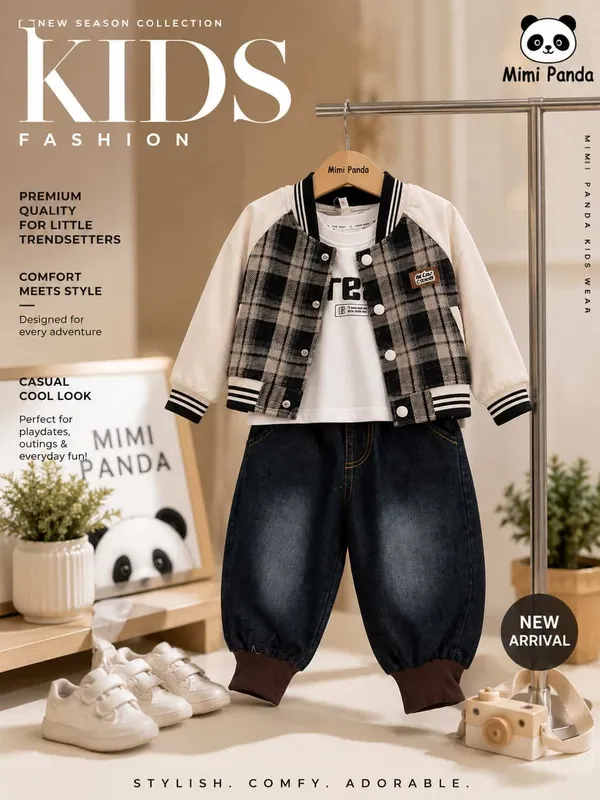 Black_Beige_Cotton_Relaxed_Check_Winter_3_Piece_Co_Ord_Set_For_Boys