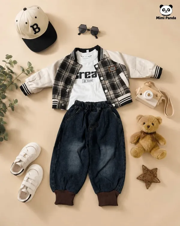 Black_Beige_Cotton_Relaxed_Check_Winter_3_Piece_Co_Ord_Set_For_Boys