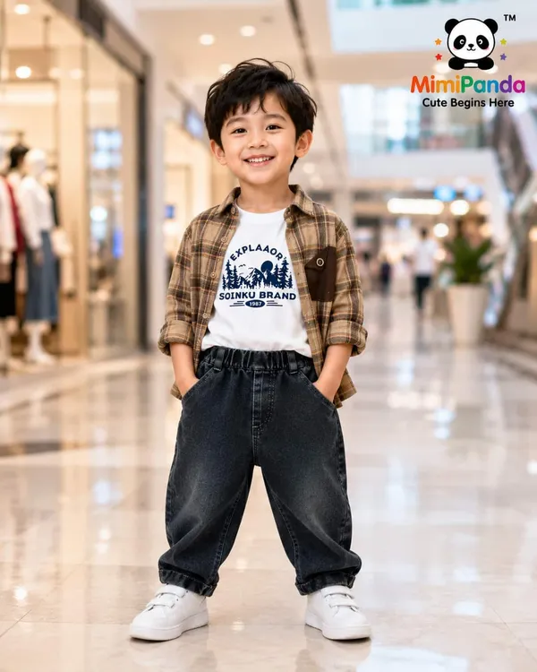 Black_Blue_Cotton_Relaxed_Check_Denim_Co_Ord_Set_For_Boys