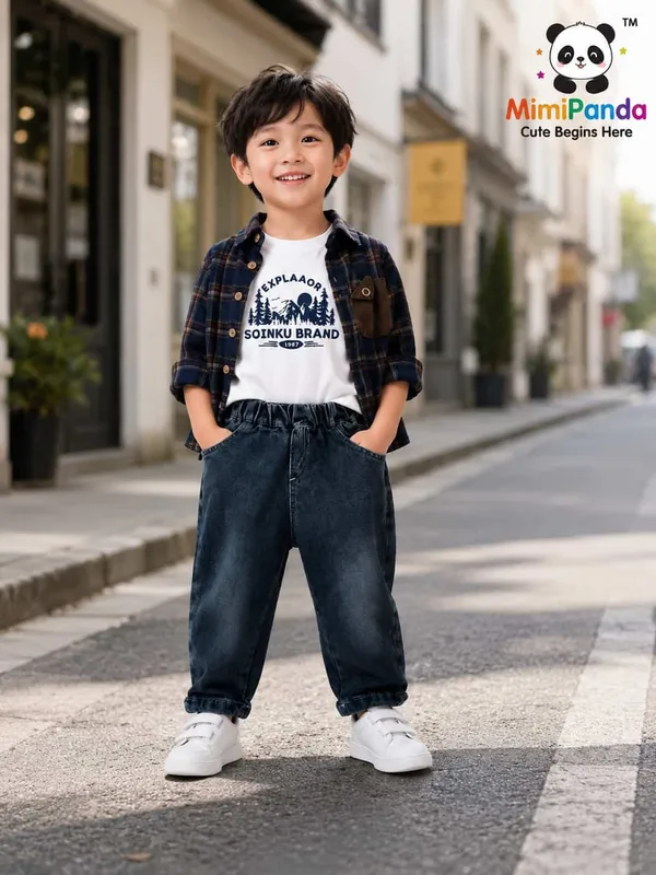 Black_Blue_Cotton_Relaxed_Check_Denim_Co_Ord_Set_For_Boys