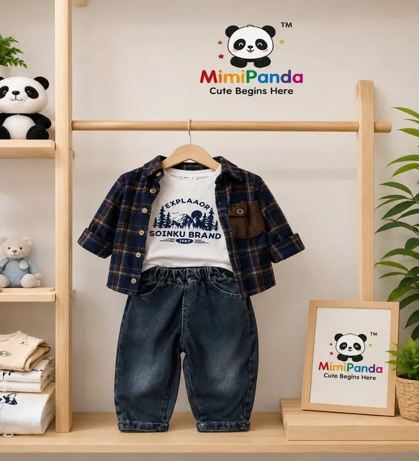 Black_Blue_Cotton_Relaxed_Check_Denim_Co_Ord_Set_For_Boys