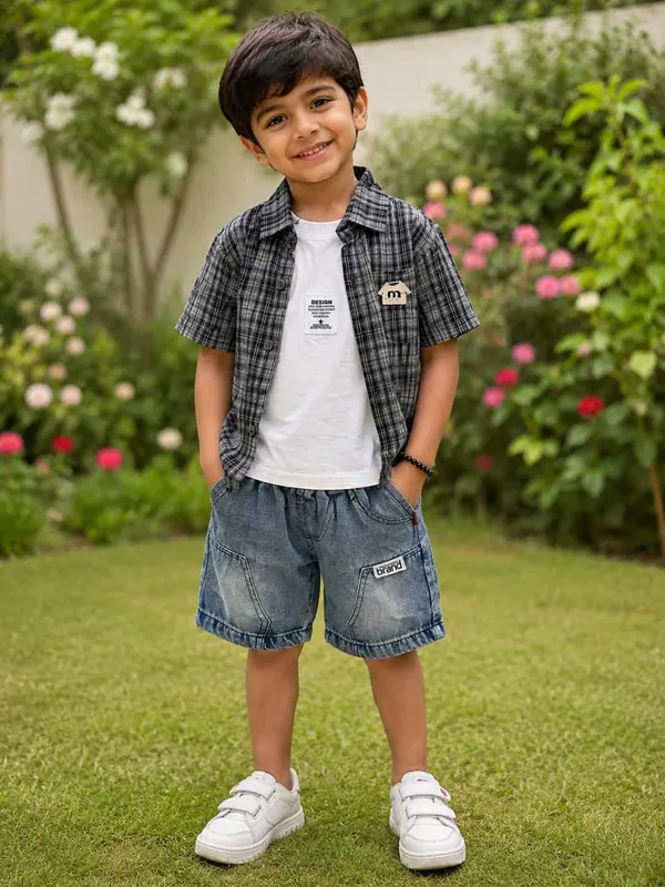 Brown_Cotton_Blend_Plaid_Denim_3_Piece_Co_Ord_Set_For_Boys