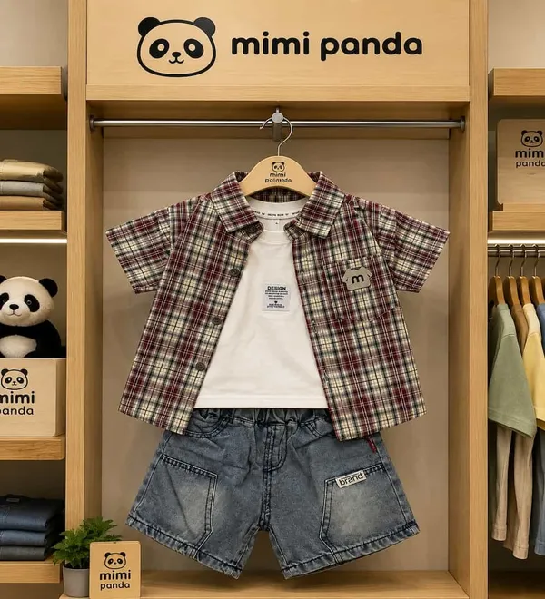 Brown_Cotton_Blend_Plaid_Denim_3_Piece_Co_Ord_Set_For_Boys